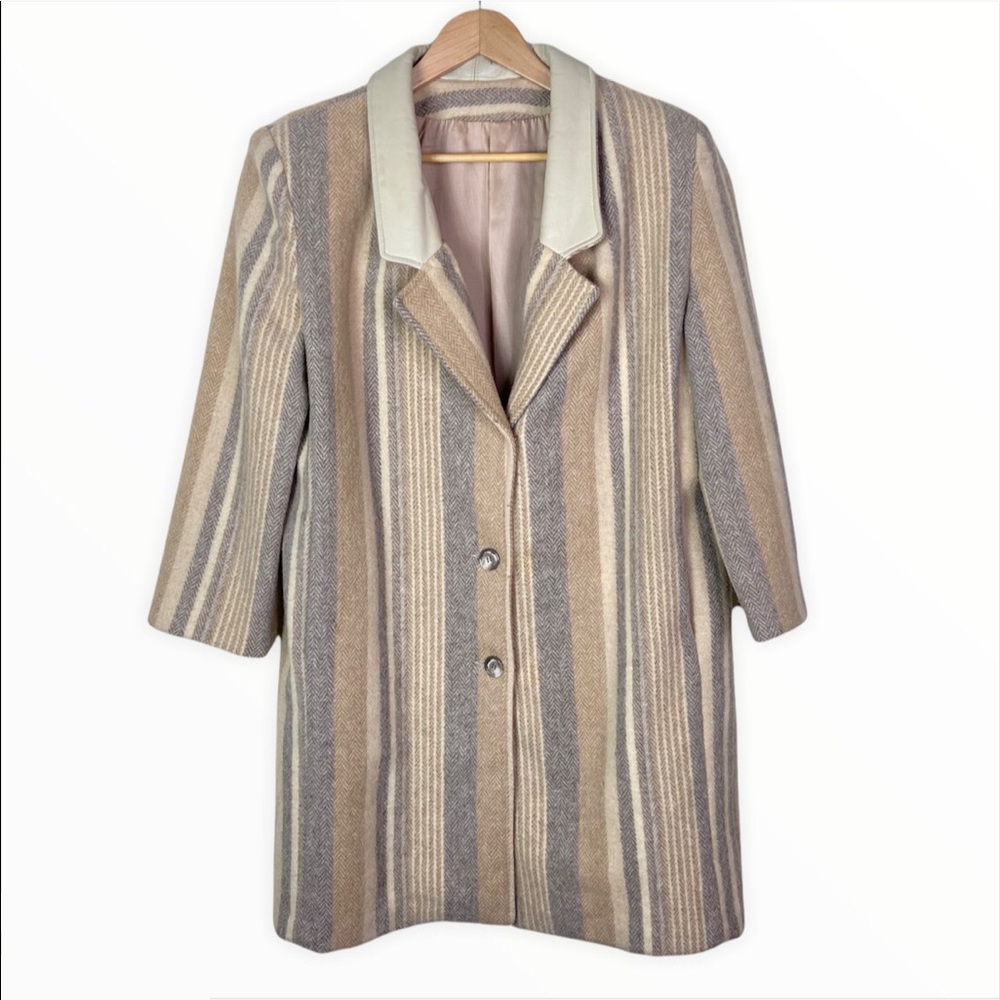 Vintage Tan Grey Striped Button Topper Pea Coat
